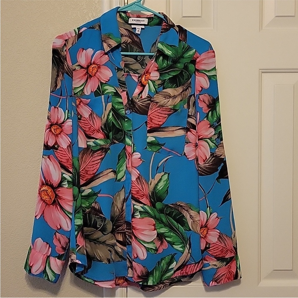Express Portofino Blue Long Sleeve Tropical Floral Hawaiian Top Medium